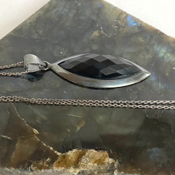 Sterling Silver 925 Oxidized Faceted Black Onyx Marquise Pendant Necklace 17.75" - Picture 16 of 16